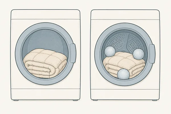 Links eine Waschmaschine mit einer Bettdecke, rechts ein Trockner mit Decke und drei Bällen